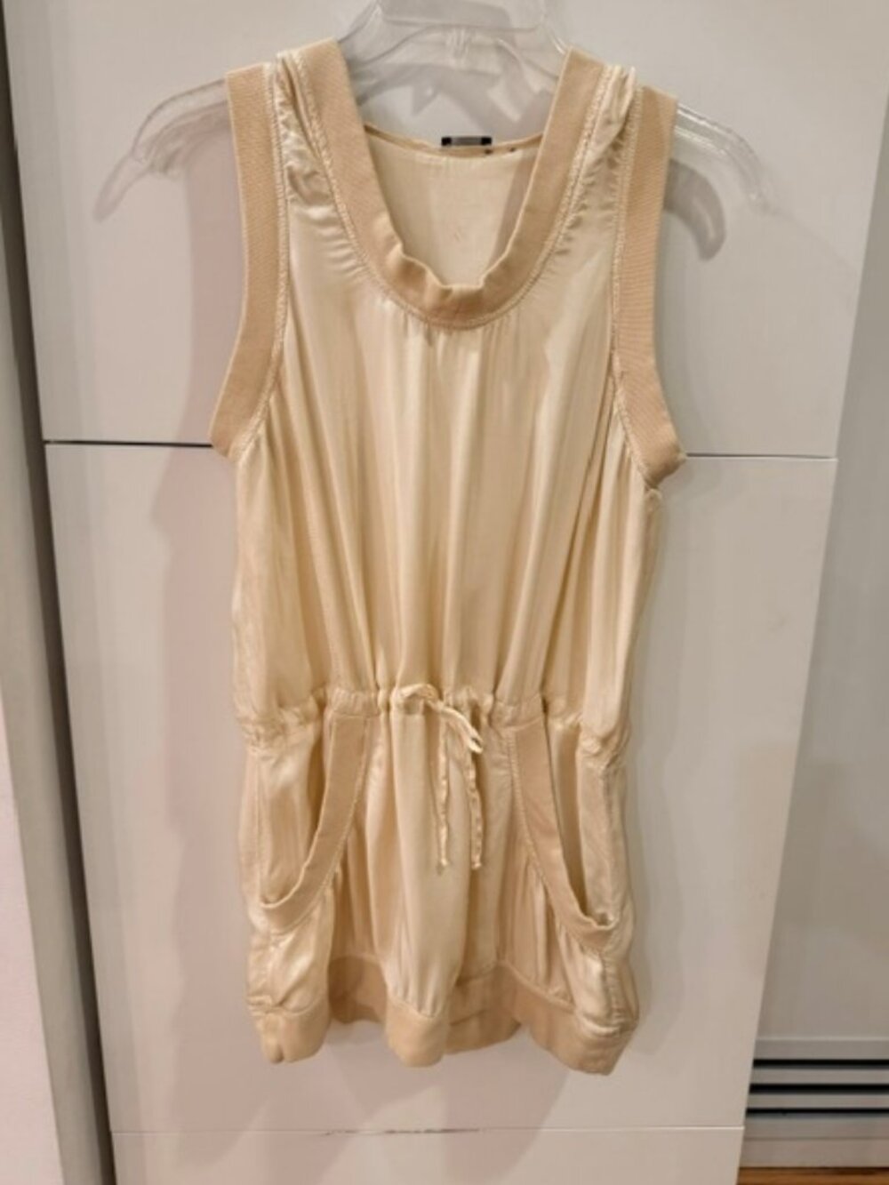 Helmut Lang Sleeveless Hooded Tunic Size Medium – Cream Silk Blend Drawstring To - Picture 2 of 4